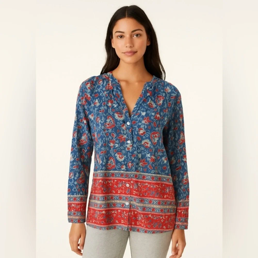 Floral Blue and Red Button Down Shirt - Picture 2 of 9